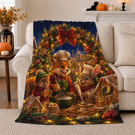 Fox Rabbit Mouse Baking Cookies, Whimsical Holiday Style for Families, Gingerbread Kitchen Scene, Warm Flannel Blanket for Family Room and Living Room, Christmas Gift and Festive Home Decor