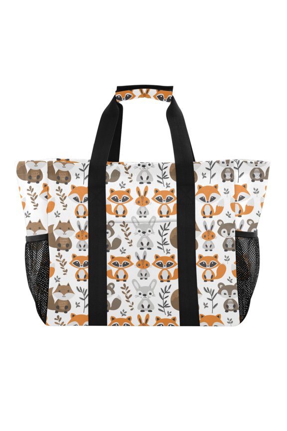 Fox Rabbit Squirrel Reusable Grocery Bags with Handle Side Pocket Waterproof Shopping Portable Tote