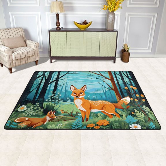 Fox Rabbit Trees Leaves Flowers Area Rug Washable 72 x 48 Floor Carpet Mat Non Slip for Bedroom Living Room Kids Room Home Decor