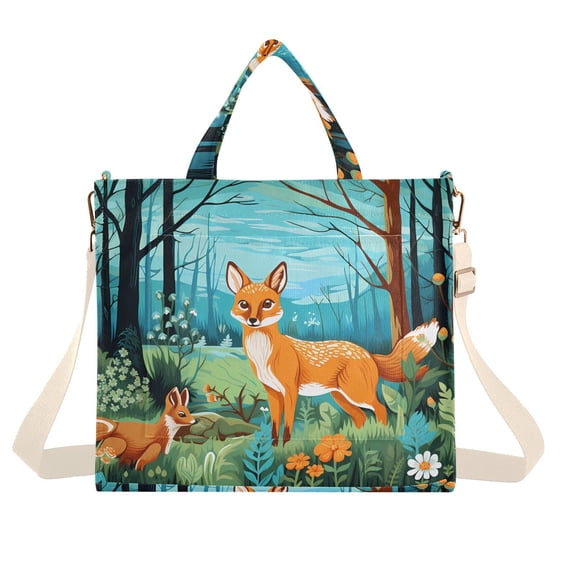 Fox Rabbit Trees Leaves Flowers Corduroy Tote Bag Handbag Large Messenger Bag Shoulder Crossbody Zipper Bag Purse