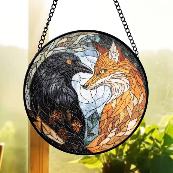 Fox Raven Stained Glass Suncatcher, Mystical Window Decor, Forest Animal Theme, Stained Glass Look, Nature Lovers, Unique Gift Idea