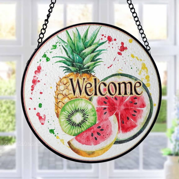 Welcome Stained Glass Suncatcher Metal Outdoor Decor Tropical Fruit Vibrant Multicolor