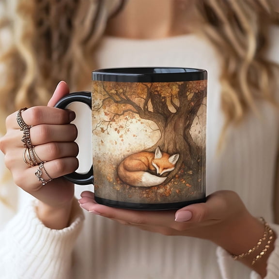 Fox Resting Beneath Oak Tree, Fall Colors, Falling Leaves, Coffee Cup, Tea Mug, Ceramic Drinkware, Autumn Season Gift, sleeping red fox mug