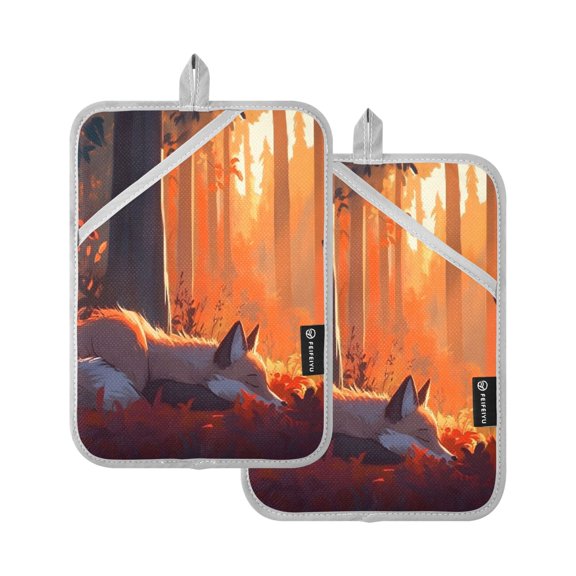 Fox Resting in The Forest Pot Holder Set 2 Piece Non-Slip Oven Hot Pads Heat Resistant Durable 7x9.8in