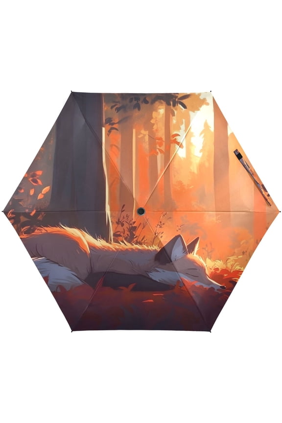 Fox Resting in The Forest Umbrellas for Sun Auto Open Close UV50+ Waterproof 5-Fold Compact Fiberglass Frame