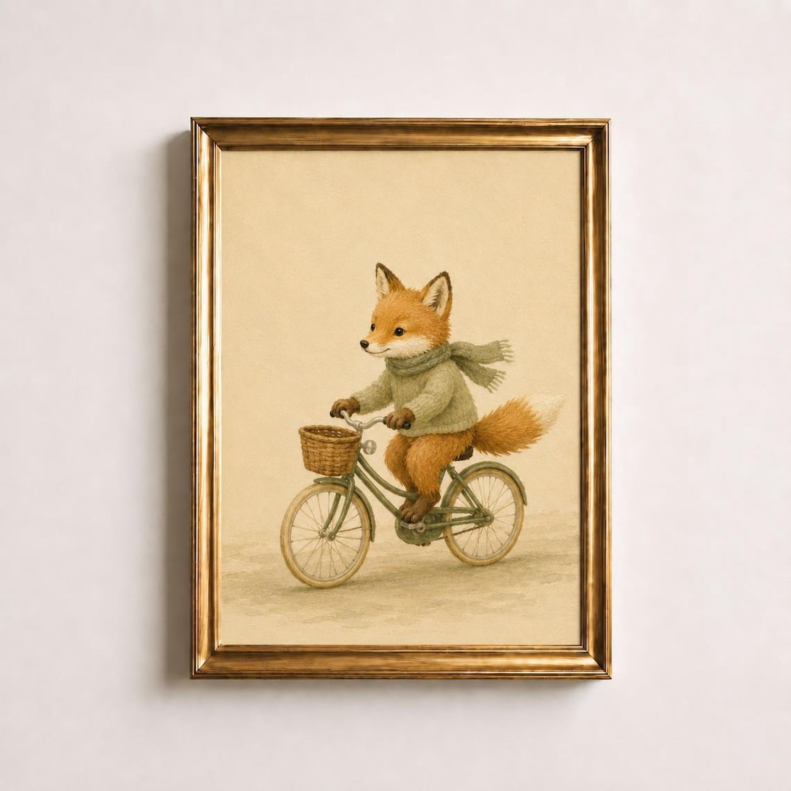 Fox Riding A Bicycle Wall Art Print, Fox In Sweater On Bike, Sage Green ...