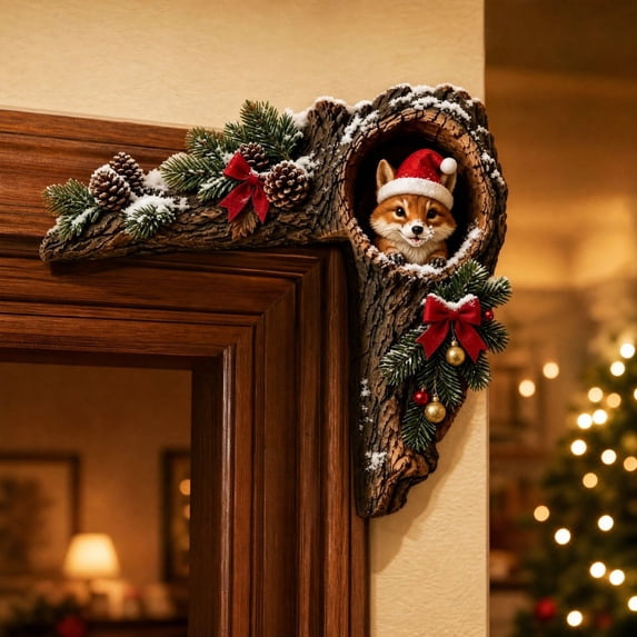 Fox Right Christmas Door Frame Corner Decor, 2D Wooden Tree Hollow ...