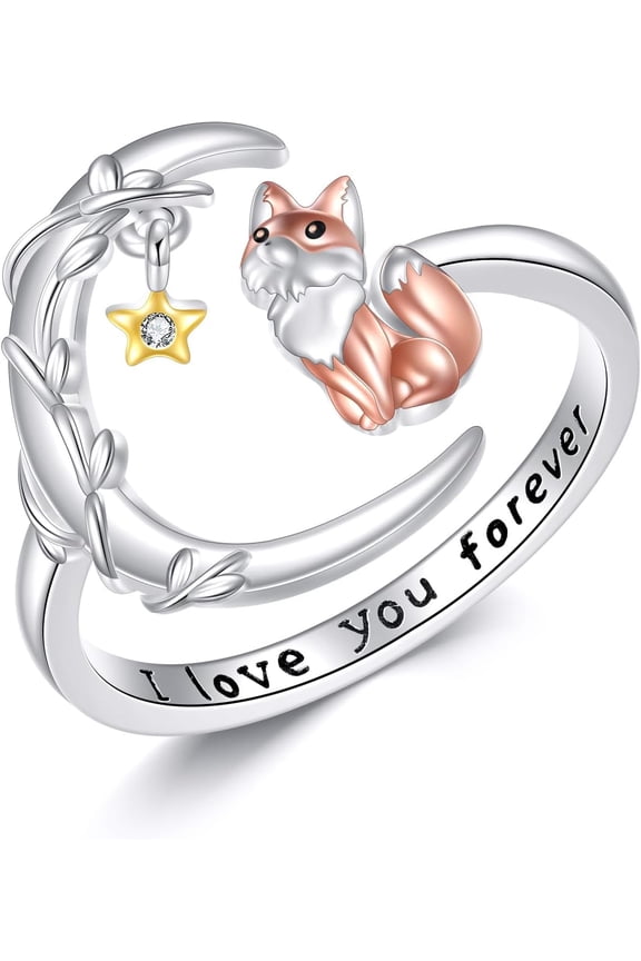 Fox Ring S925 Sterling Silver Moon Fox Rings Adjustable Animal Open Ring for Women Foxes Jewelry Gifts for Women Mom Wife