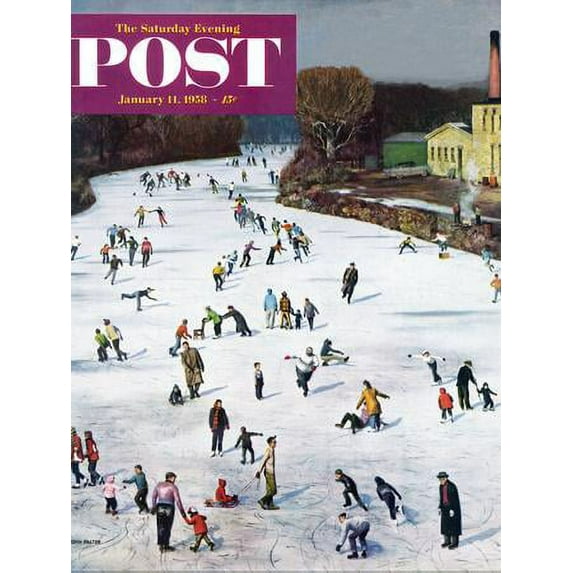 "Fox River Ice-Skating" Saturday Evening Post Cover, January 11, 1958, Unframed Giclee Print Wall Art by John Falter Sold by Art.Com