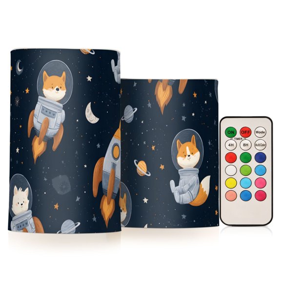 Fox Rocket Planet Flickering Flameless Candles Battery Operated with Remote Timer LED Pillar Candles Set of 2