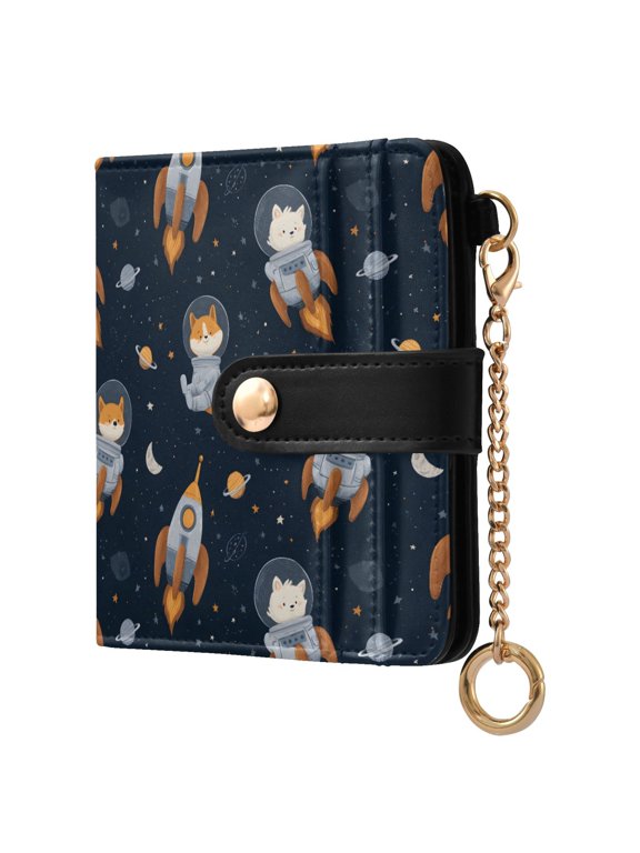 Fox Rocket Planet Small Wallet for Women RFID Blocking Bifold PU Leather Credit Card Holder with Zipper Coin Pocket Compact Cute Travel Purse Magnetic Snap 7 Card Slots