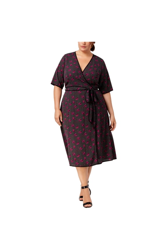 Womens Striped Floral Wrap Dress, Black, Plus Size, 1X