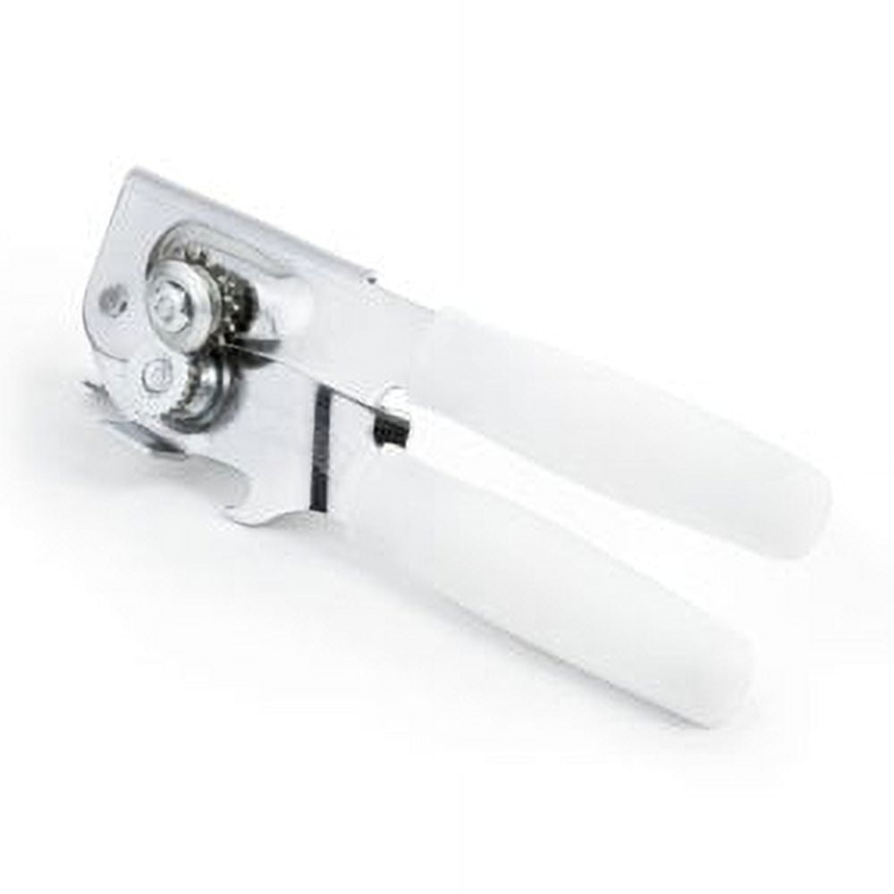 Stainless Steel Handheld Can Opener with White Ergonomic Handles