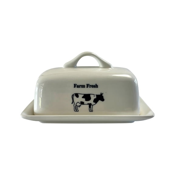Fox Run Cow Butter Dish with Lid, Cute Ceramic Butter Holder For The Counter or Refrigerator