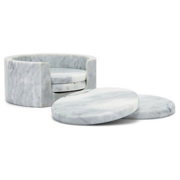 Fox Run Natural White Polished Marble Coasters with Holder, Set of 4