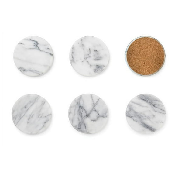 Fox Run Natural White Polished Marble Stone Coasters, 3.5" Diameter, Set of 6