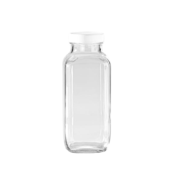 Fox Run Square Glass Milk Bottle, Leaf-Proof 16.9 oz Juice and Creamer Container with Lid