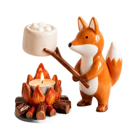 Fox S'mores Ceramic Wax Melt Warmer, Cartoon Animal Tea Light Holder, Cute Campfire Aroma Melter for Home Bedroom Desk Living Room Decor