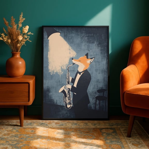 Fox Saxophone Player Wall Art Moody Jazz Music Animal Portrait Vintage Lithograph Dark Academia, Unframed Paper Print