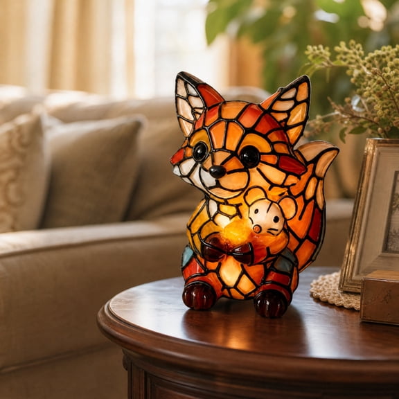 Fox Shaped Resin Night Light, Vintage Stained Glass Style Resin Desk Lamp for Desktop Bedroom Bedside Table Household Ambient Decor Ornament
