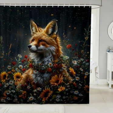 Fox Shower Curtain Rustic Farmhouse Bath Curtain Cute Animal Fox Print Bathroom Decor Farmstyle Waterproof Curtain Western Decor Floral Shower Curtain,72" W x 72" L