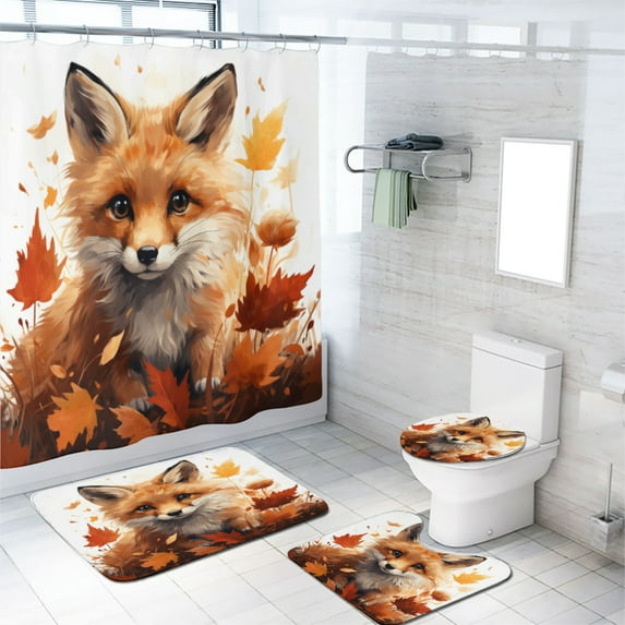 Fox Shower Curtain Set with Rugs Forest Animals Autumn Maple with Non-Slip Rugs, Toilet Lid Cover and Bath Mat, Durable and Waterproof, for Bathroom Decor Set, 72x72 Inch