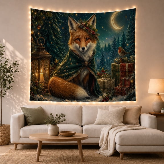 Fox Sitting by Lanterns in Moonlit Forest, Cozy Fantasy Style for Animal Lovers, Woodland Animal Wall Art, Christmas Gift, Tapestry Wall Hanging for Bedroom and Dorm