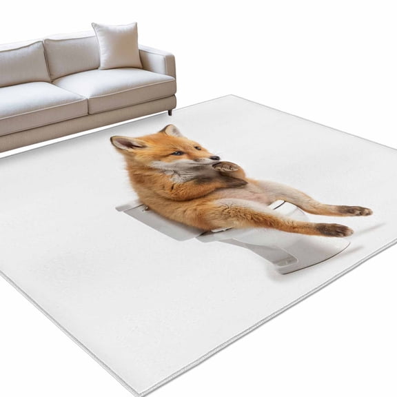 Fox Sitting on The Toilet Thinking 6x9ft Non Slip Area Rug Abstract Funny Animal Washable Soft Area Rugs for Living Room, Indoor Circle Carpet for Bedroom Dining Room Kitchen