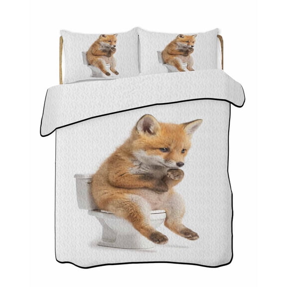 Fox Sitting on The Toilet Thinking Quilts Bedding Set King Size Abstract Funny Animal Lightweight Quilted Bedspread 3 Piece Bed Quilt with 2 Pillow Shams All Season for Bedroom 90" x 96"