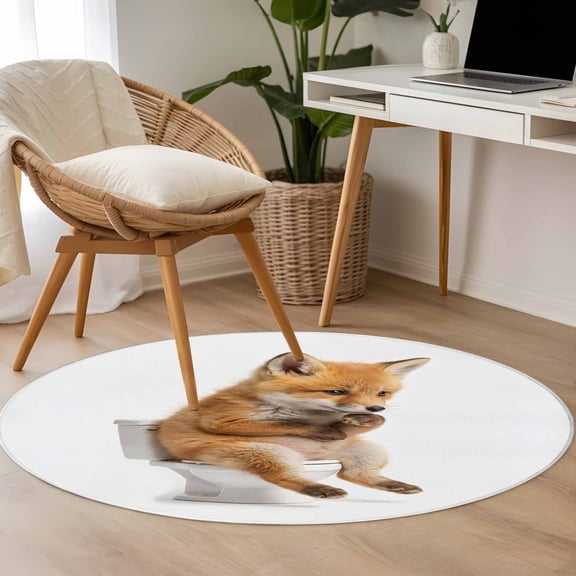 Fox Sitting on The Toilet Thinking 3.3ft Round Rug for Bedroom Reading Corner, Abstract Funny Animal Washable Non Slip Circle Area Rug