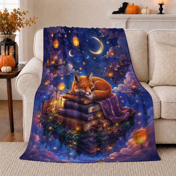 Fox Sleeping on Books under Crescent Moon, Cozy Fantasy Style for Book Lovers, Storybook Night Scene and Birthday Gift, Warm Flannel Blanket for Home Library and Bedroom, Home Decor