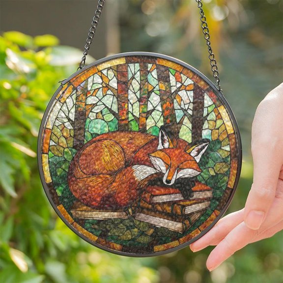 Fox Sleeping On Books Glass Suncatcher, Books Suncatcher, Fox Ornament, Fox Decor, Fox Lover Gift, Book Lover Gifts Id-0222-4K2X, Suncatcher Window Hanging, 7.9 in