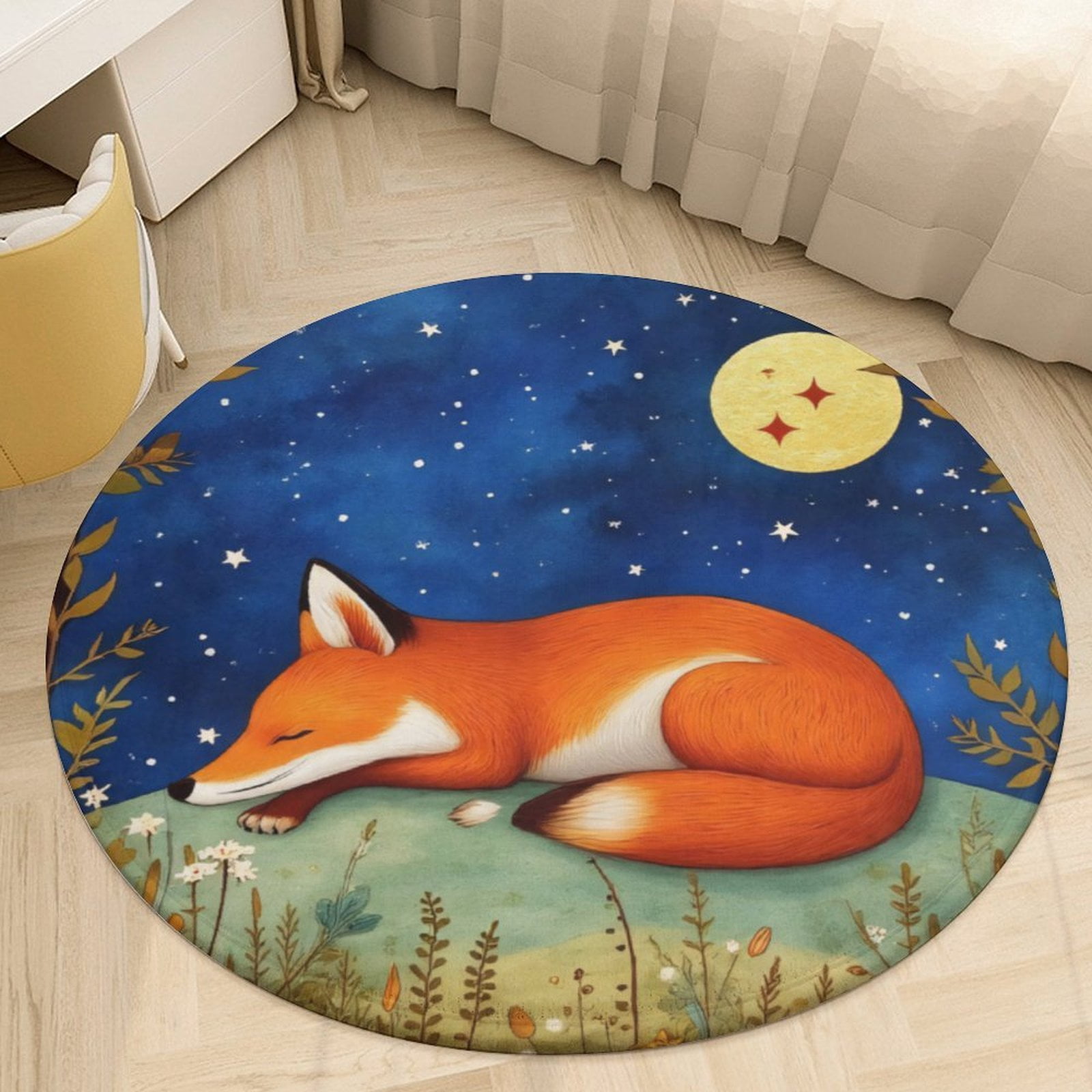 Fox Sleeping Under Moonlit Sky Round Area Rugs for Bedroom Living Room ...