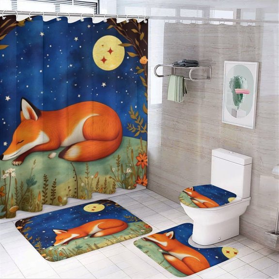 Fox Sleeping Under Moonlit Sky Shower Curtain Set Modern Bathroom Decor Mats 4pcs Fabric Bathroom Curtain Slip Floor Rug Toilet Lid