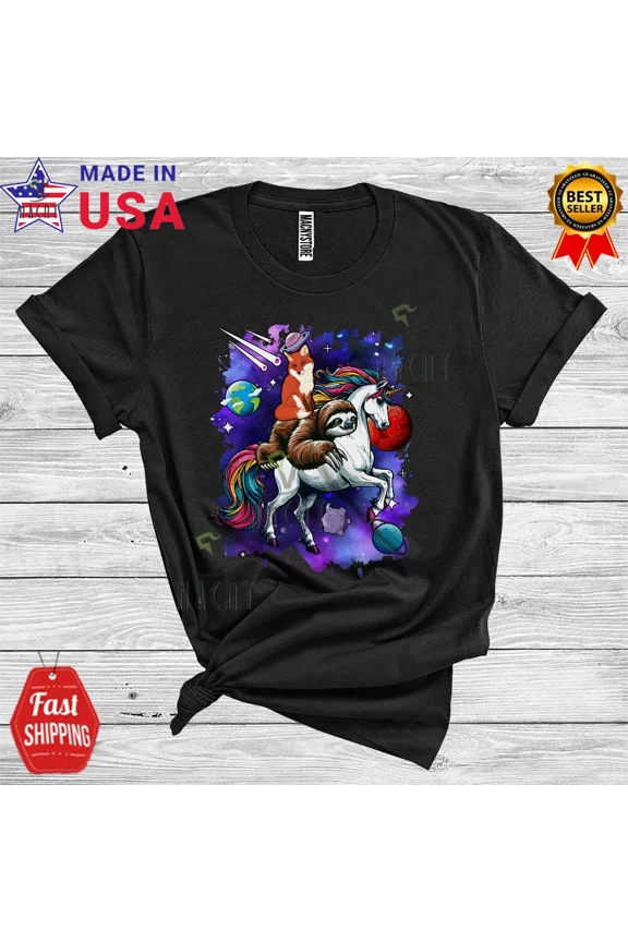 Fox Sloth Riding Unicorn In Planet Space, Funny Space Farming Lover T-Shirt