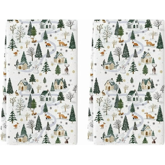 Fox Snowman Xmas Tree Christmas Kitchen Towels Dish Towels, 16x24 Inch Farmhouse Snowflake Winter Decoration Cleaning Set of 2