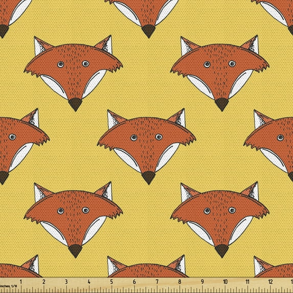 Ambesonne Fox Fabric by the Yard Upholstery, Forest Animal Faces Cartoon, 10 Yards, Rust and Mustard