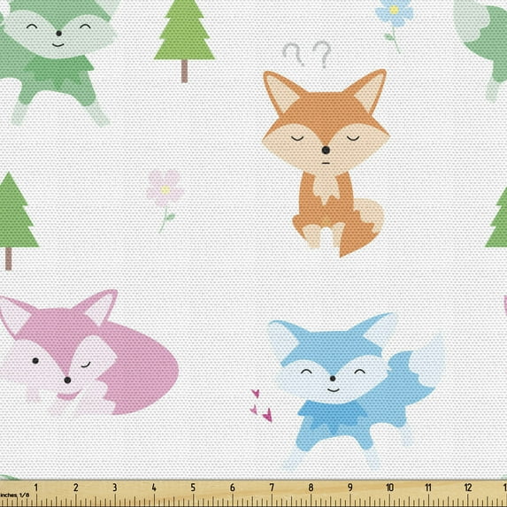 Ambesonne Fox Fabric by the Yard Upholstery, Pine Tree and Fox Graphic, 1 Yard, White Multicolor