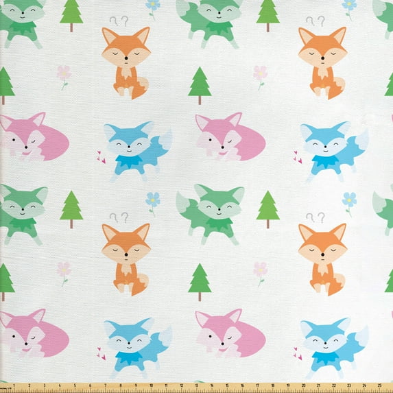 Ambesonne Fox Fabric by the Yard Upholstery, Pine Tree and Fox Graphic, 5 Yards, White Multicolor