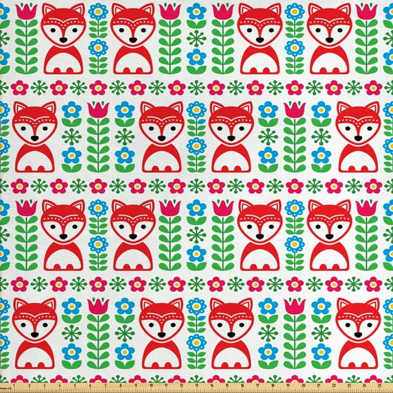 Ambesonne Fox Fabric by the Yard Upholstery, Scandinavian Woodland Animals, 3 Yards, Multicolor