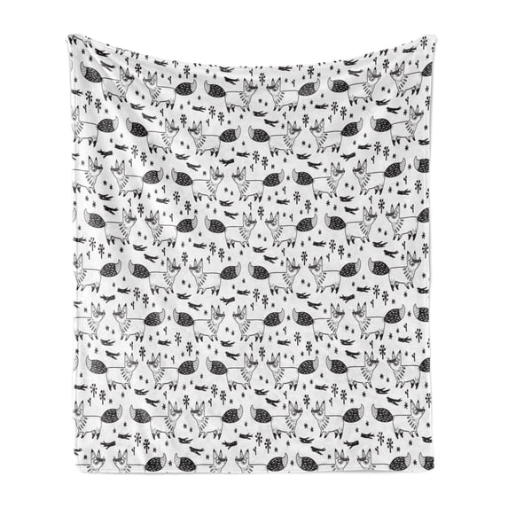Fox Soft Flannel Fleece Blanket, Childish Drawn Monochromatic Composition with Wild Animal Branches and Flowers, Cozy Plush for Indoor and Outdoor Use, 60" x 80", Charcoal Grey White, by Ambesonne
