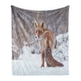 thumbnail image 1 of Fox Soft Flannel Fleece Blanket, Countryside Snow Landscape Furry Wild Animal Hunting Vulpine Cold Winter Print, Cozy Plush for Indoor and Outdoor Use, 50" x 60", Redwood Brown White, by Ambesonne, 1 of 6