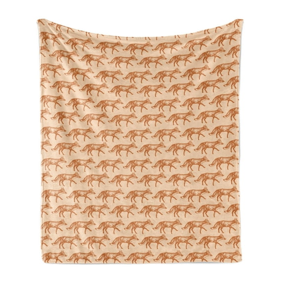 Fox Soft Flannel Fleece Blanket, Hand Drawn Horizontally Walking Sketched Animal Drawings Wildlife Forest Feels, Cozy Plush for Indoor and Outdoor Use, 70" x 90", Pale Peach Ginger, by Ambesonne