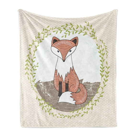 Fox Soft Flannel Fleece Blanket, Young Forest Animal Illustration for Children with Green Leafy Framework and Polka Dots, Cozy Plush for Indoor and Outdoor Use, 50" x 70", Multicolor, by Ambesonne