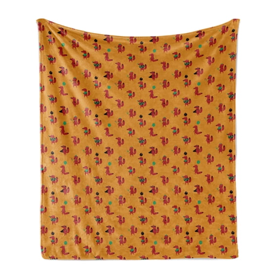 Fox Soft Flannel Fleece Throw Blanket, Childish Doodle Pattern Funny Animal with Various Items, Cozy Plush for Indoor and Outdoor Use, 60" x 80", Marigold Multicolor, by Ambesonne
