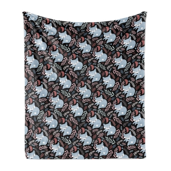 Fox Soft Flannel Fleece Throw Blanket, Continuous Pattern with Creative Leafy Branches and Sleeping Animal, Cozy Plush for Indoor and Outdoor Use, 60" x 80", Charcoal Grey Multicolor, by Ambesonne