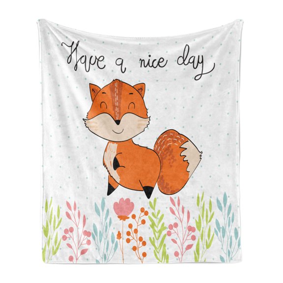 Fox Soft Flannel Fleece Throw Blanket, Happy Animal Have a Nice Day Lettering on Polka Dots Colorful Herbs, Cozy Plush for Indoor and Outdoor Use, 50" x 70", Multicolor, by Ambesonne
