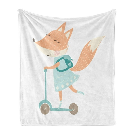 Fox Soft Flannel Fleece Throw Blanket, Happy Nursery Animal with School Bag on a Scooter, Cozy Plush for Indoor and Outdoor Use, 50" x 60", Rose Dried Rose, by Ambesonne