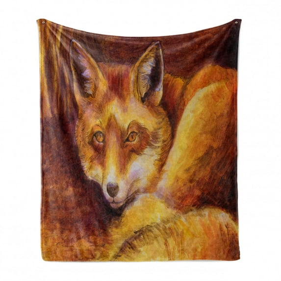 Fox Soft Flannel Fleece Throw Blanket, Monochromatic Fox Resting Painting Style Display Vibrant Animal Art, Cozy Plush for Indoor and Outdoor Use, 70" x 90", Burnt Sienna Orange, by Ambesonne