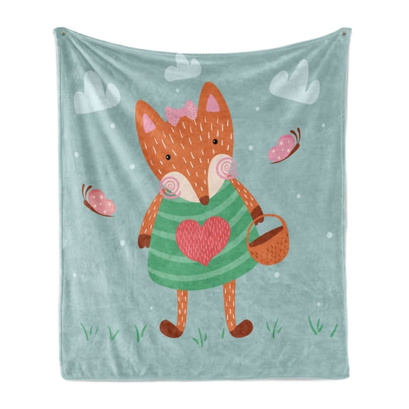 Fox Soft Flannel Fleece Throw Blanket, Nursery Themed Illustration of Animal with Dress and Bow, Cozy Plush for Indoor and Outdoor Use, 50" x 60", Multicolor, by Ambesonne